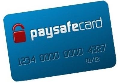 Et blått PaysafeCard med navnet til selskapet, og en rød hengelås-symbol.